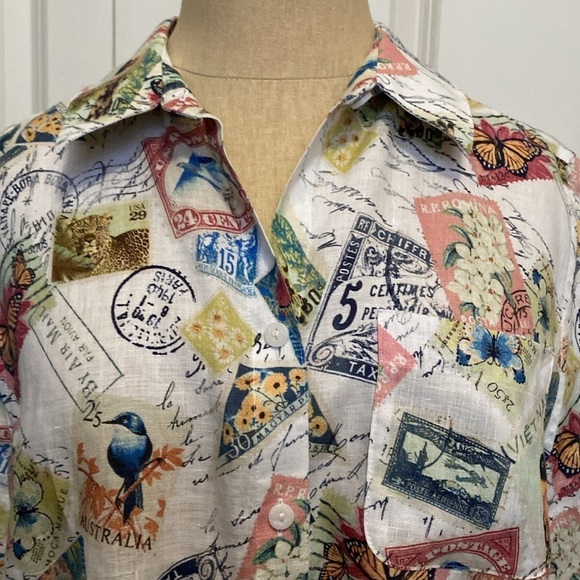 Vintage Chico’s Linen Button Down Blouse Womens S Bird Stamp Novelty Print shirt - Picture 3 of 10